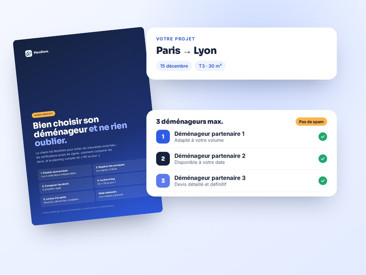 Le guide MonDem et un exemple de demande Paris → Lyon transmise à 3 déménageurs au maximum